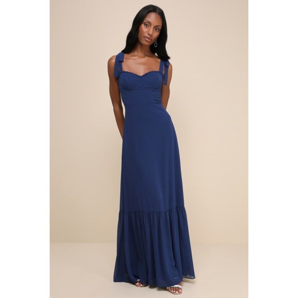 Lulus Truly Gorgeous Dark Blue Ruffled Bustier Tie-strap Maxi Dress - Size XS